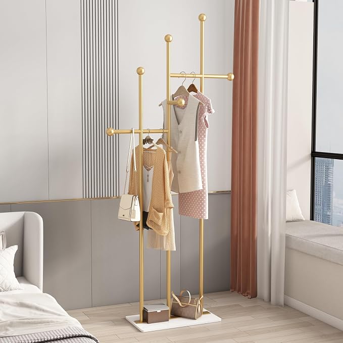 Gold Coat Racks with Marble Base Heavy Duty Clothes Rack Metal Coat Tree for Clothes Hats Scarfs Totes-19.7''L,GOLD