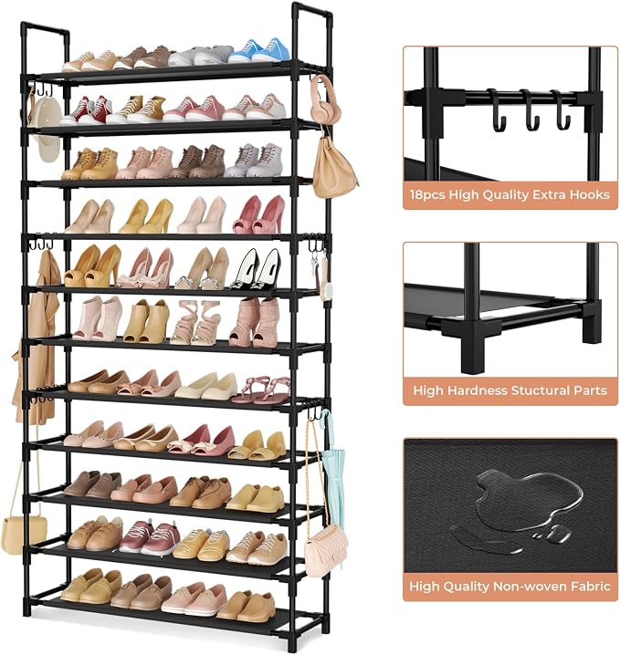 LANTEFUL 11 Tiers Tall Shoe Rack Holds 55 Pairs of Shoes with 18pcs Hooks Sturdy Wide Shoe Organizer Storage Free Standing Metal Shoe Shelf for Closet, Entryway Black