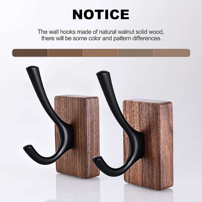 4 Pack Walnut Wood Wall Coat Hooks for Hanging, Adhesive Mounted & Wall Mount Heavy Duty Decorative Wooden Double Hook hanger for Towel Backpack Hat Jacket Clothes Blanket Purse Closet Robe Key