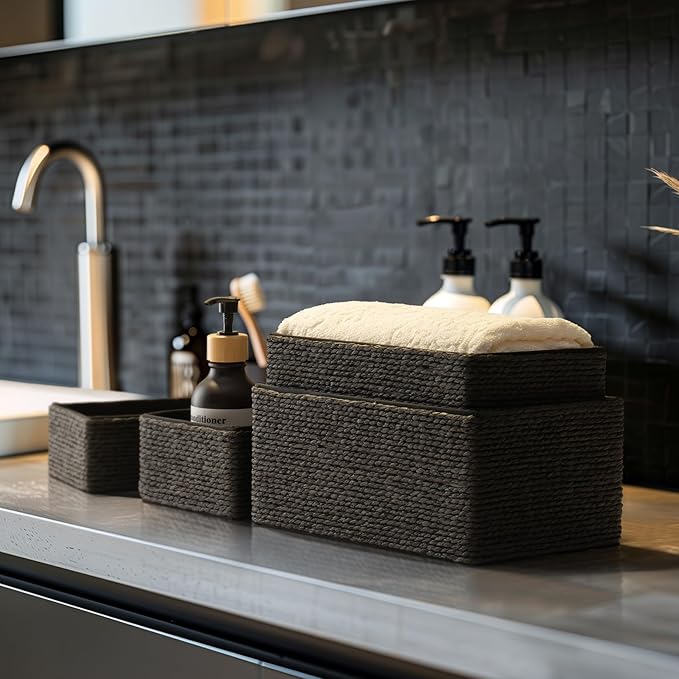 LA JOLIE MUSE Bathroom Basket Organizers, Paper Rope Storage, Black 4 Pack | Stackable, Sturdy Lined Woven Basket, Organizer for Toilet Paper, Laundry Room Essentials, Shelves and Nightstand Drawers