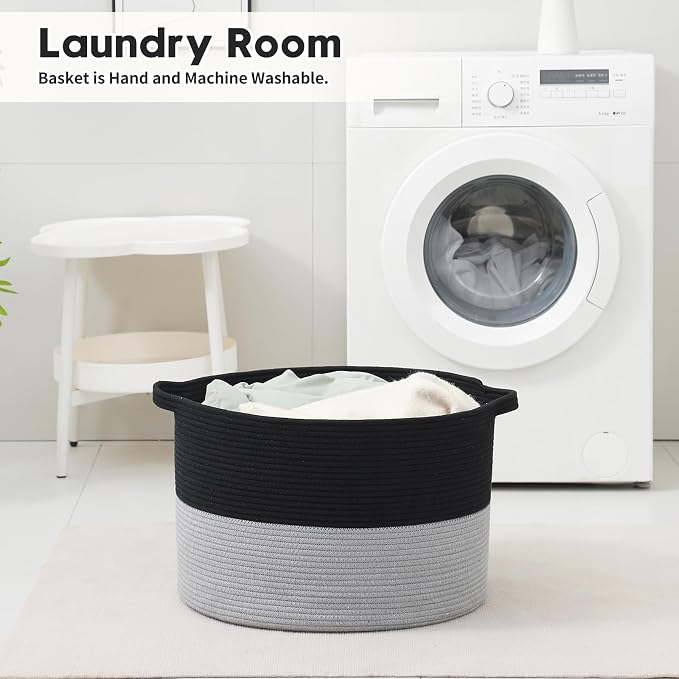 Foldable Laundry Hamper Basket with Collapsible Handle Cotton Rope Soft Woven Fabric Storage Organizer Clothes Toys Nursery Bedroom Dorm Space Saving Bin (Black & Grey, 115L(23.6"D x 15.7"H))