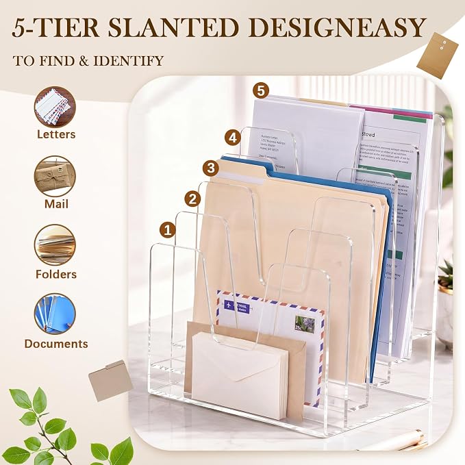 5 Section Clear Acrylic File Organizer, Inclined Desktop File Sorter with 4mm Thick Panels, Vertical Document Holder for Letter Size Papers, Mail, Magazine, Home Office School