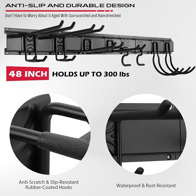 SEDY 48" Heavy Duty Garage Wall Organizer, Wall Mount Tool Storage Rack with Adjustable Hooks, Garden Tool Organizer Hold Up to 300lbs, Easy Installation (3 Panels, 8 Hooks, 3 Straps)