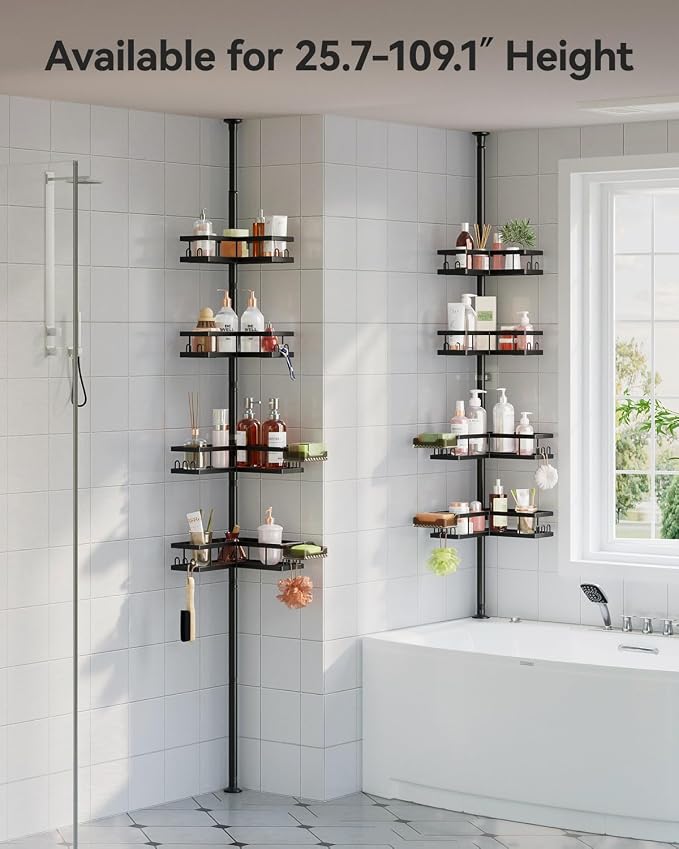 YASONIC Corner Shower Caddy Tension Pole, 25.7-109.1in Adjustable Shower Shelves, Rust-Resistant Shower Organizer, No-Drill 3-Step Installation, Bathroom Shelves for Renters & Family, Black