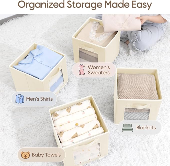 Foldable Storage Cubes - Square Organizer with Window, Decorative Baskets for Organizing, Fabric shelf Basket for Clothes, 11 Inch Closet Storage Cubes, Set of 16, Beige
