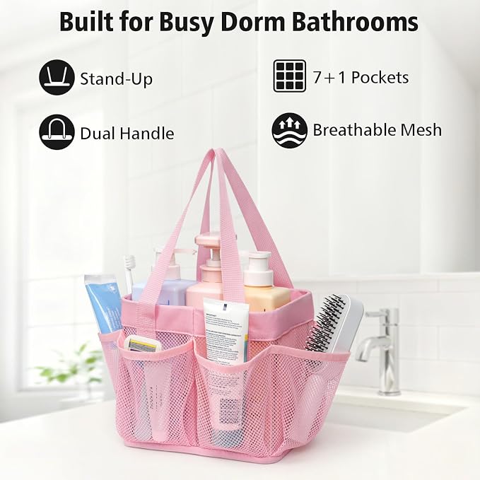 F-color Mesh Shower Caddy Portable - Stand Up 8 Pockets for Dorm, Pink | Stand Up Frame, S Hook, Collapsible Organizer, Mesh Shower Bag Bathroom Tote for College Dorm, Camping, Gym, Travel