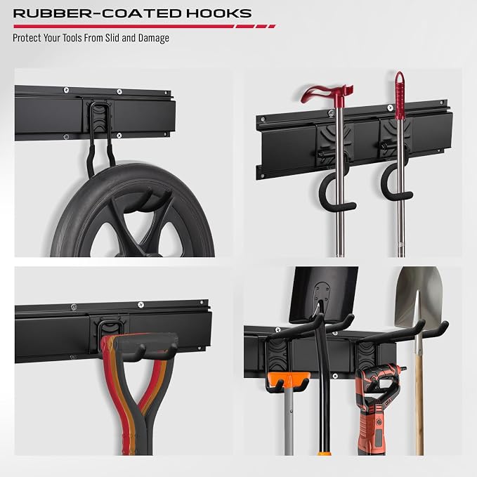 SEDY 64" Heavy Duty Garage Storage Tool Organizer Wall Mount - Tool Rack with Adjustable Hooks, Anti-Rust, 300lbs Capacity - Easy Installation (4 Racks, 10 Hooks, 3 Straps)