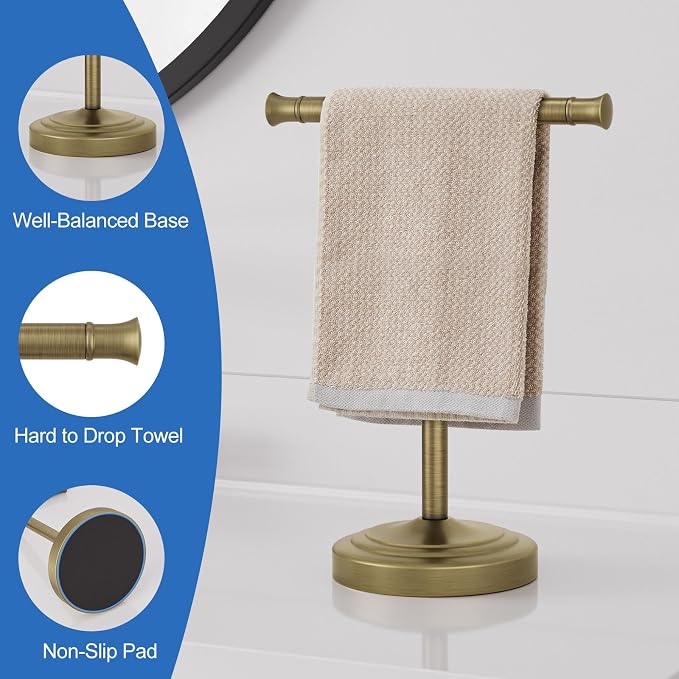 RUMOSE Antique Brass Hand Towel Holder Stand Countertop Towel Rack | 13 Inch Bathroom Kitchen Vanity T-Shape Towel Stand Free Standing Stainless Steel Towel Bar Towel Ring
