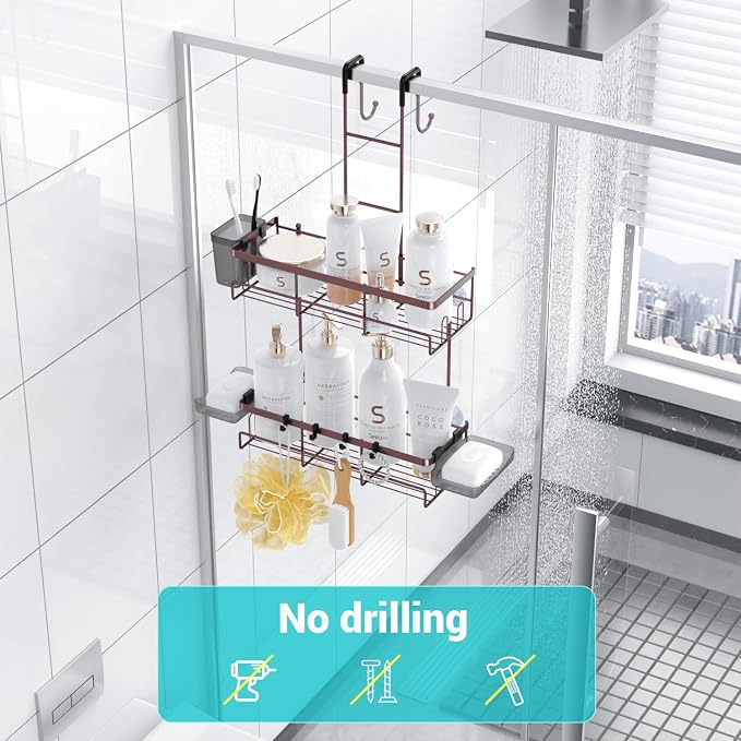 Aitatty Over the Door Hanging Shower Caddy: Rustproof Hanging Organizer over the Door - No Drilling Bathroom Rack for Inside Shower Bronze