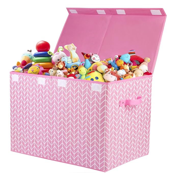 Large Toy Storage Box Chest for Kids, Sturdy Toy Box Bin Baskets with Lid | Toy Storage Box for Living Room, Nursery, Closet, Bedroom, Playroom 25"x13" x16" (Pink)