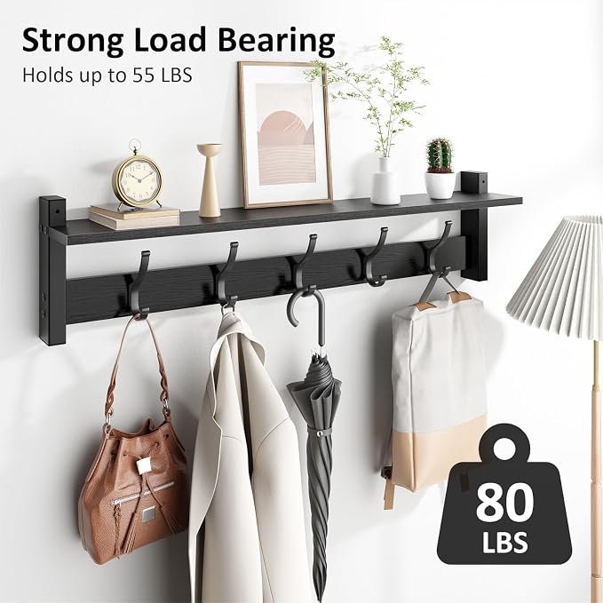 Optish Coat Rack Wall Mount with Shelf, 29 Inch Coat Hanger Walls Mounted, Hat Rack for Walls, Shelf with 5 Coat Hooks, Wall Hanger for Entryway (Black)