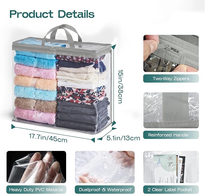 10 Pack Clear Storage Bags for Clothes, 22L Blanket Storage Bags, Under Bed Storage, Closet Organizers Bag, Upgraded Version Two-Way Zippers Design(Grey, 10PACK)
