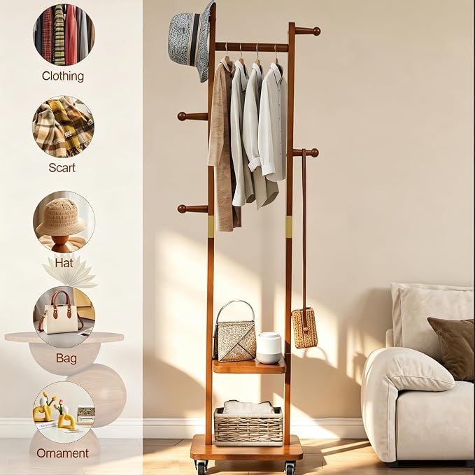Solid Wood Coat Rack with Wheels, 2-Tier Rolling Garment Rack with 5 Hooks | clothing rack clothes stand hall tree entryway bedroom corner heavy duty