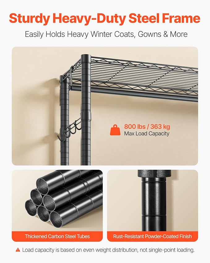 VEVOR Clothing Garment Rack, Heavy Duty Closet Wardrobe, Adjustable Tiers Clothes Racks with Steel Frame, for Bedroom, Clothing Store, Hallway