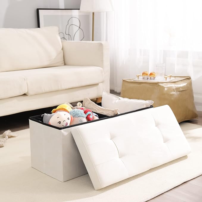 Storage Ottoman Bench Foldable Seat Footrest Shoe Bench End of Bed Storage with Flipping Lid, 75L Storage Space, 30 inches Velvet Cream