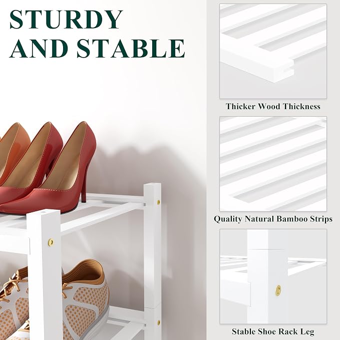 Smiry Bamboo Shoe Rack, 12 Vertical Slats, 2 Tier - 17.3" Wide, White | Stackable Free Standing Wooden Shoe Organizer, Wood Shoe Storage Shelf for Closet, Entryway
