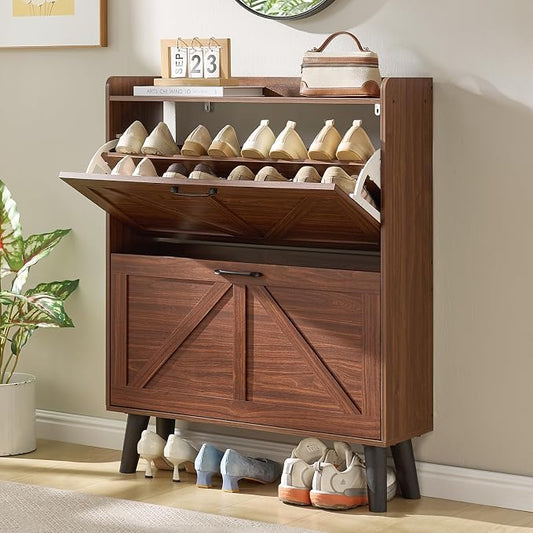 LEYAOYAO Shoe Cabinet Storage for Entryway with 2 Flip Drawers Rack Narrow Organizer Slim Hidden Wood Shoe Cabinet Furniture Walnut