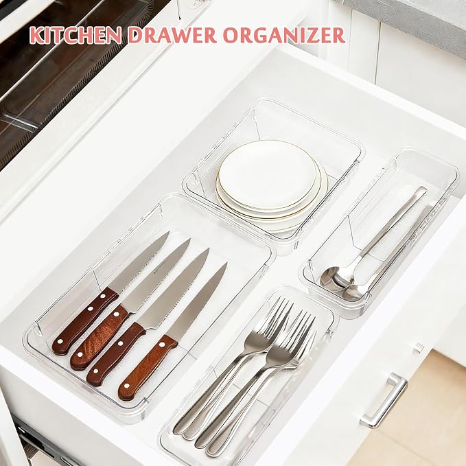 Extendable Drawer Organizer, 14 pcs Bathroom & Vanity Adjustable Drawer Organizers Tray, 3-size Clear Plastic Storage Bin for Makeup, Office Desk, Kitchen, Bedroom, Cabinet Drawer