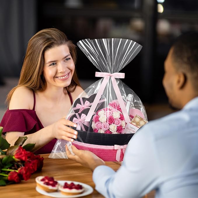 Colingmill 1 Set Woven Empty Basket for Gift,Black Hot Pink | with Cellophane Wrap Set, 14 x 10 x 5.5 Inch, Medium Decorative Gift Basket, Cotton Rope Storage Box, Home Decor