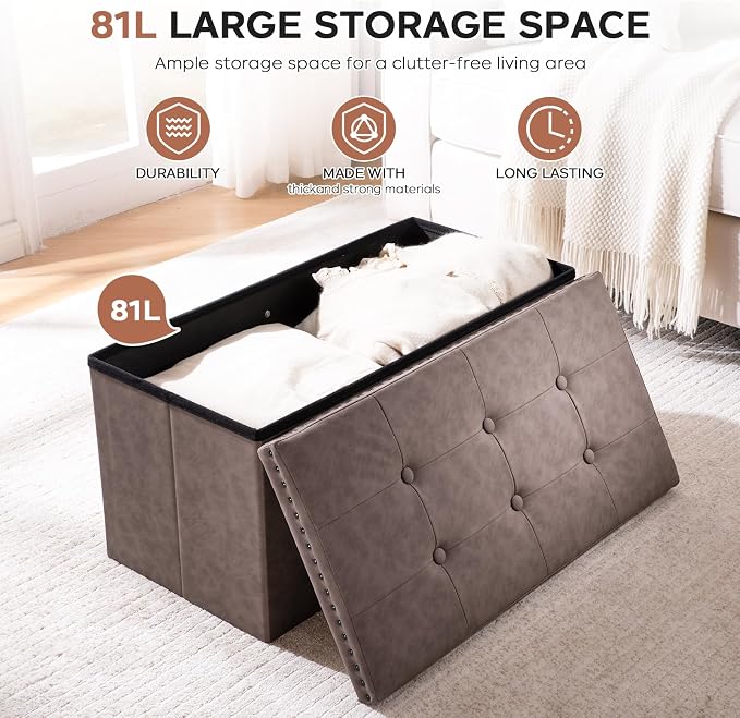 30 Inches Storage Ottoman Bench, Foldable Foot Rest with Rivet Design, 15 x 30 x 15 Inches, End of Bed Bench Footstool, Storage Chest, Load up to 330 lb, for Living Room, Bedroom, Entryway, Oak Brown
