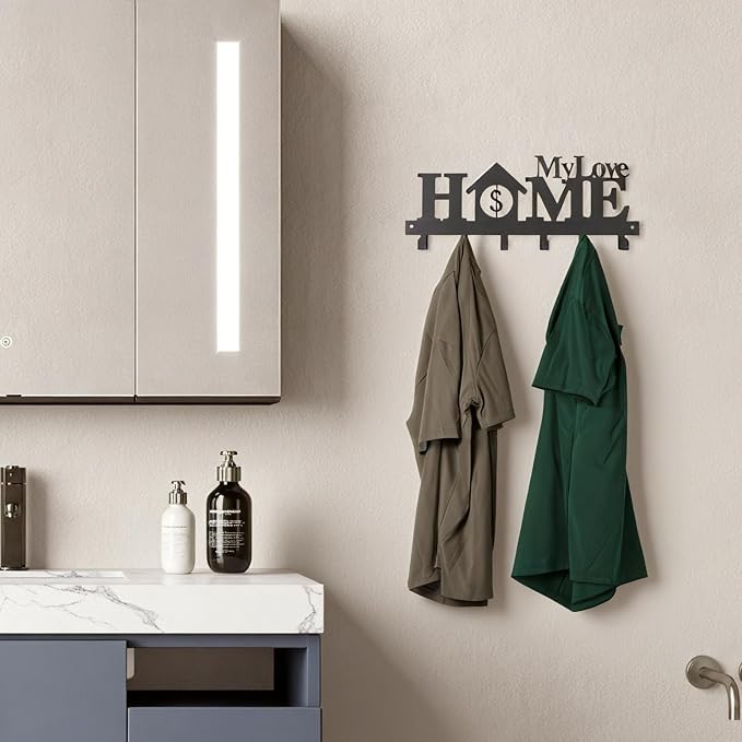 Key Holder Wall Mounted with Screws and Anchors, Black Multifunctional Key Hanger with 6 Hooks, Entryway Front Door Kitchen Hallway Garage Office