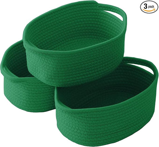 JMvicyroam Small Woven Basket, Empty Gift Basket, Green/3 Pack | Small Gift Basket, Cotton Rope, 12 x 8 x 20 in, Handles, Includes Ribbon and Bag, Birthday Gift Basket