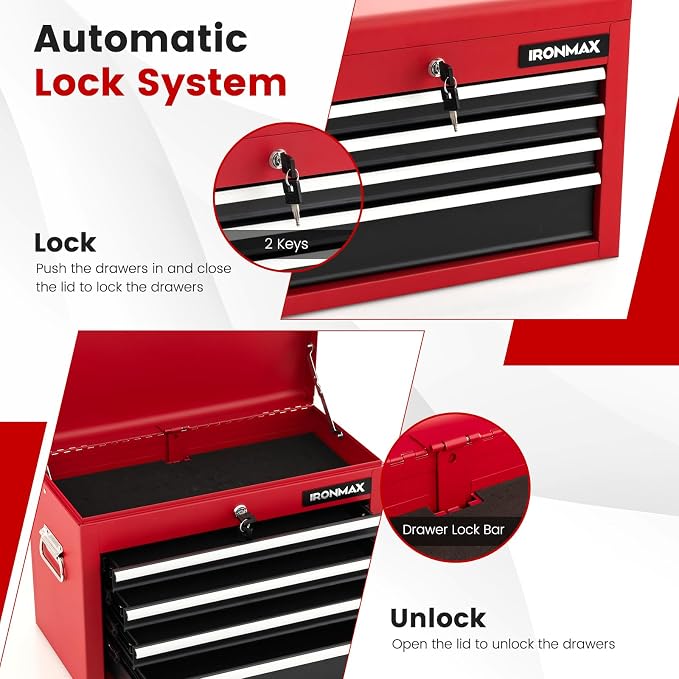 Goplus Tool Chest, 6 Drawers Rolling Tool Cabinet with Detachable Top Toolbox, Universal Lockable Wheels, Protective Liner, Auto Lock, Metal Tool Storage Cart, Tool Box for Garage Workshop