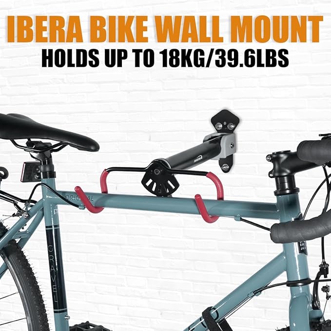 Ibera Bike Wall Mount - Adjustable Frame Holder & Soft Rubber Cradles - Garage Bike Rack for Road, MTB, Kids, Hybrid Bikes - Easy Installation & Space-Saving Design