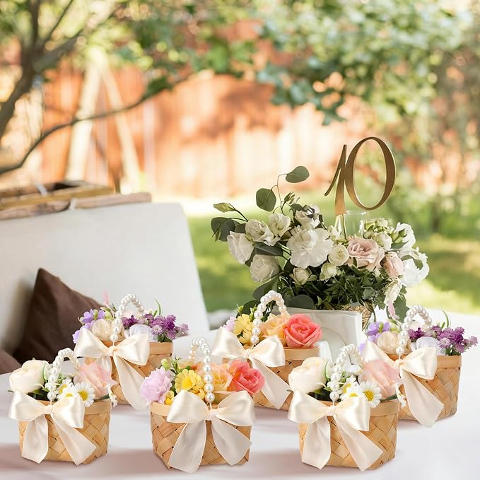 12 Pcs Mini Flower Girl Basket Mini Woven Baskets with Pearl Handles Wood Chip Flower Fruit Picnic Holder with RibbonCh ip Bucket for Wedding Party Gifts Baby Shower Birthday Party Decoration
