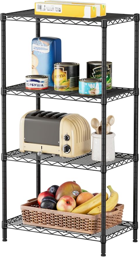 SINGAYE 4 Metal Shelves Wire Shelving Storage Shelf Adjustable Unit Pantry | 4 Tier Kitchen Laundry Room Organization Home Pantry Closet Bathroom Organizers Garage Rack 14" D x 24" W x 48" H Black