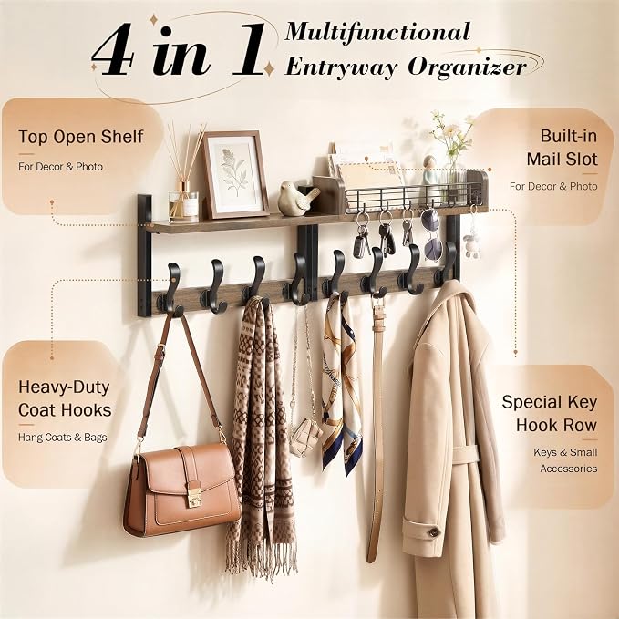 Delamu 32" Coat Rack with Shelf, 4 in 1 Coat Hanger Wall Mount with Shelf, Wooden Entryway Wall Organizer with Hooks, Brown