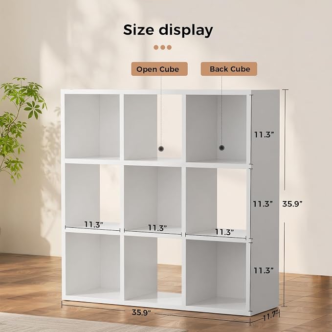 LUCKLIFE 9-Cube Storage Organizer, Stackable Modular Bookcase Shelf with Vertical or Horizontal Use, Fits 11×11" Bins, Optional Back Panels, for Living Room, Office, White