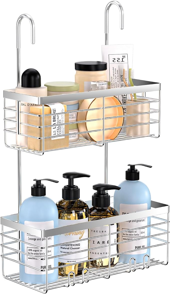YUOROS 2 Tier Shower Caddy Hanging Over the Door (Silver) | Shower Organizer Rack 304 Stainless Steel Rustproof Bathroom Storage Shampoo Holder Basket