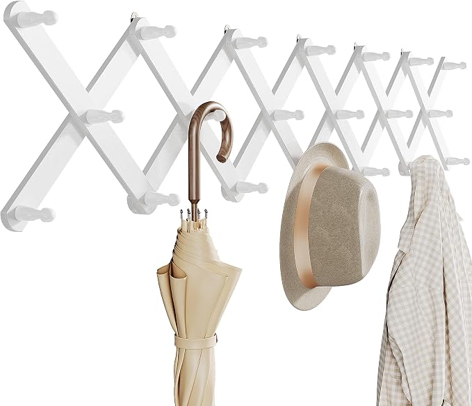 OROPY Accordion Wall Hanger with 20 Pegs, Expandable Wooden Coat & Hat Rack | White Color, Hat Display Rack, X Shape Rack for Coat, Hats, Bags, Baseball Caps, Coffee Mug, Jewelry
