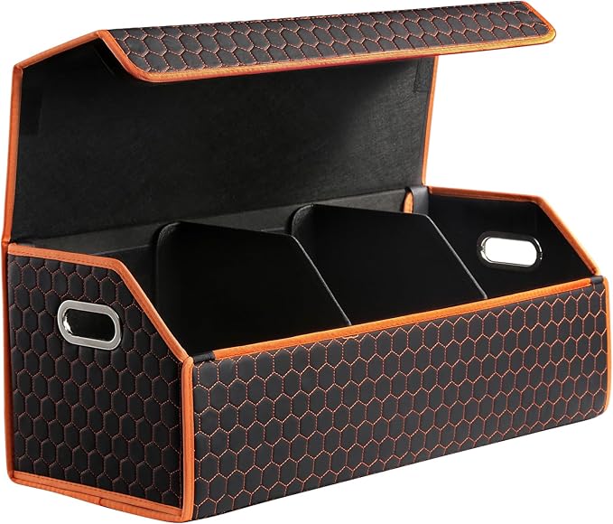 Fyzeoty Car Trunk Organizer for SUV and Sedan, Orange-Honeycomb, 29.5 in | Honeycomb Textured Exterior, Extra‑Large, Premium Leather, Magnetic Lid, Collapsible & Adjustable, Water‑Resist & Dust‑Proof