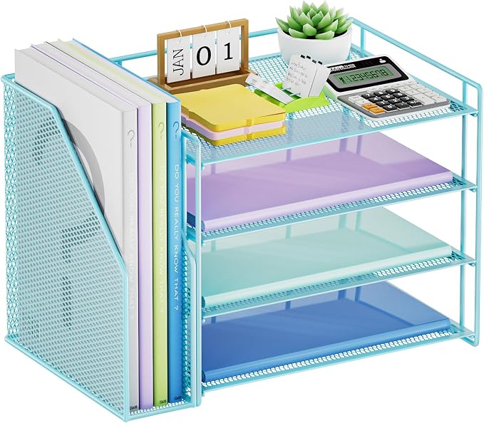 Marbrasse 4-Tier Paper Tray Organizer with File Holder, Blue | Sturdy Paper Tray, Built-in File Holder, fits Letters/Docs, Saves Desk Space, for School/Office/Home