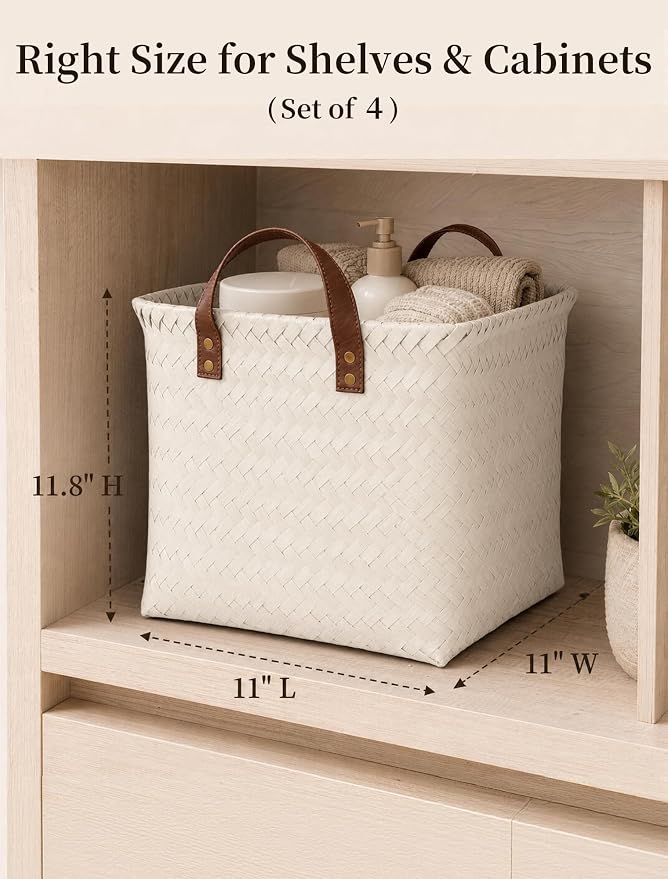 Wicker Storage Baskets, 4 Pack Woven Baskets for Shelves, White | PP Rattan, Water-resistant Wicker Basket, Large Baskets with Faux Leather Handles for Blanket, Laundry Organizer, Room Decor