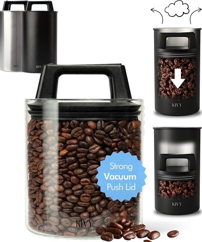 KIVY Vacuum Coffee Canister (Glass) - Push Lid Preserves Coffee Aroma & Oil - Stainless Steel Airtight Coffee Canister - Coffee Container for Ground Coffee & Coffee Bean Storage - Removes Excess Air