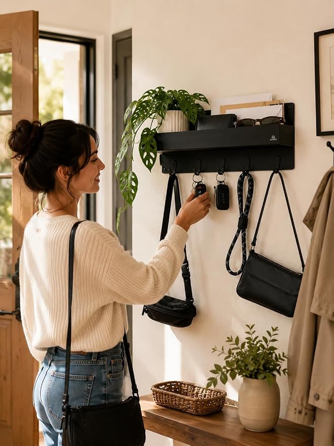 Modern Large Wall Mounted Key Holder with Deep Shelf, Entryway Organizer with 5 Heavy Duty Hooks, Metal Key Rack for Wall, Mail Holder & Dog Leash Hanger, Black