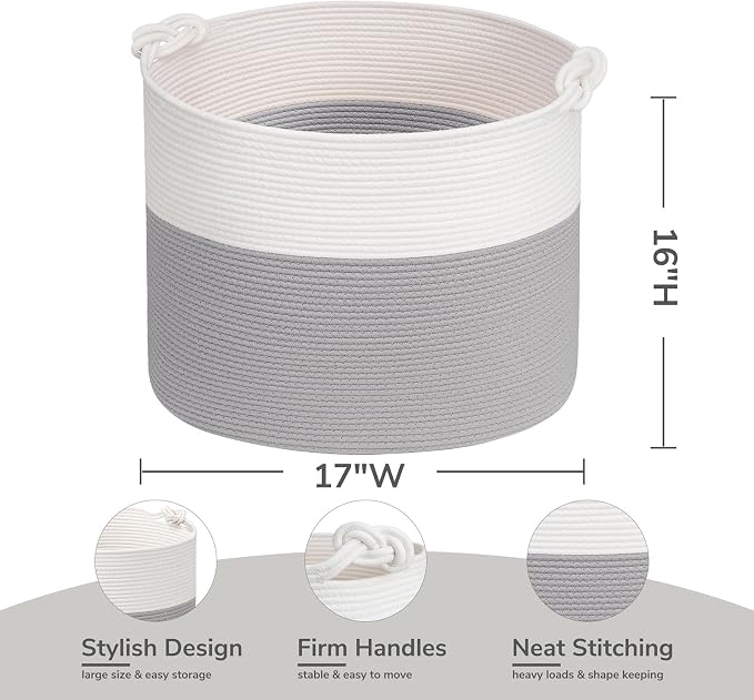Goodpick Large Woven Rope Toy Storage Basket for Living Room, 60L, Grey | Small Laundry Basket for Organizing Baby Clothes, Blankets & Pillows, Great for Bedroom Nursery Home Décor