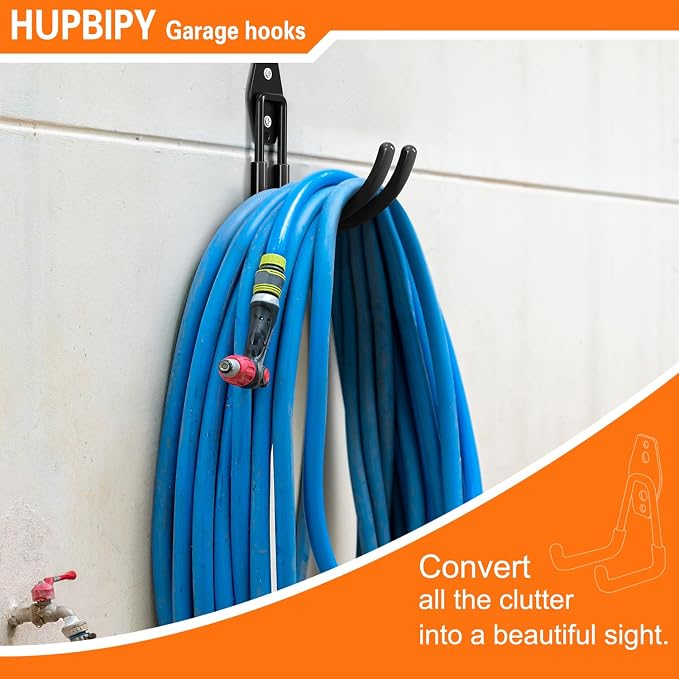HUPBIPY Heavy Duty Garage Hooks 4 Pack, J Shaped Hanger, Wall Mounted Storage System, Power and Garden Tool Organizer, for Hanging Ladders, Bikes Tires, Hose, Bulk Items
