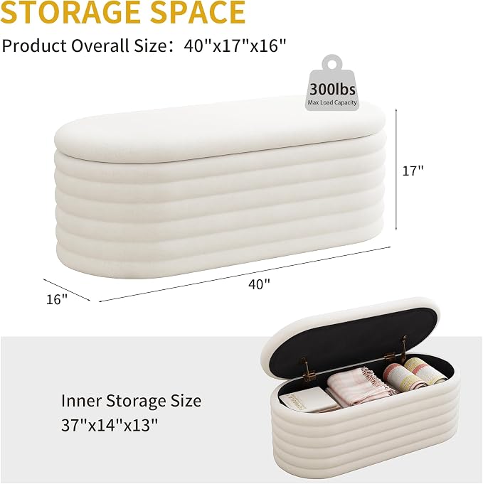 Ball & Cast 40" Oval Ottoman with Storage, Chenille Upholstered Entryway Bench with Safty Hinges for Living Room, End of Bed, No Assembly Required,White