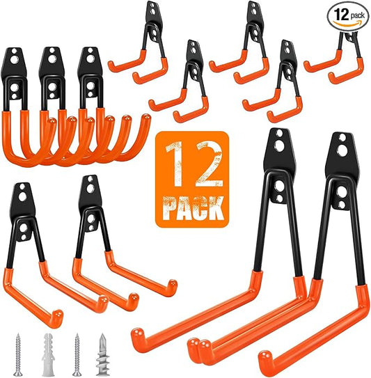 KOFANI Heavy Duty Wall Mount Steel 12 Pack Orange Garage Storage Hooks | Wall Hooks Geavy Duty for Hanging Bike, Ladder, Garden Tools,Broom,Hose，Anti-Slip Coating Garage Wall Organization