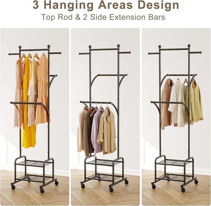Rolling Clothes Rack with 2 Shelves, Small Metal Clothing Rack with Wheels | Gasvadivum 71" Tall Sturdy Garment Rack with 3 Hanging Rods, Freestanding Portable Coat Rack for Bedroom, Entryway, Black