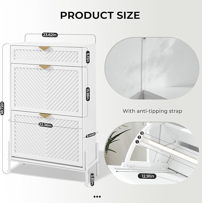 Shoe Cabinet with 2 Flip Drawers, Narrow Entryway Rack, White | Slanted Wood Grain, Freestanding, Adjustable Compartments, Removable Middle Shelf, Metal Handles, for Hallway Foyer Entrance