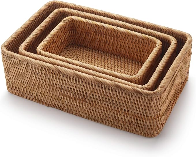 Natural Rattan Fruit Storage Baskets Rectangular Woven Wicker Box for Key Holder Remote Stackable Natural Set of 3