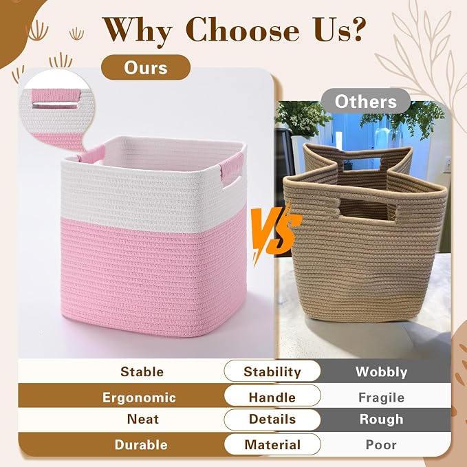 13 Inch Storage Cubes, 3 Pack Cube Storage Bins for Organizing, Cotton Rope Woven Baskets for Shelves, Bathroom, Kids Room, Closets, Baby Nursery