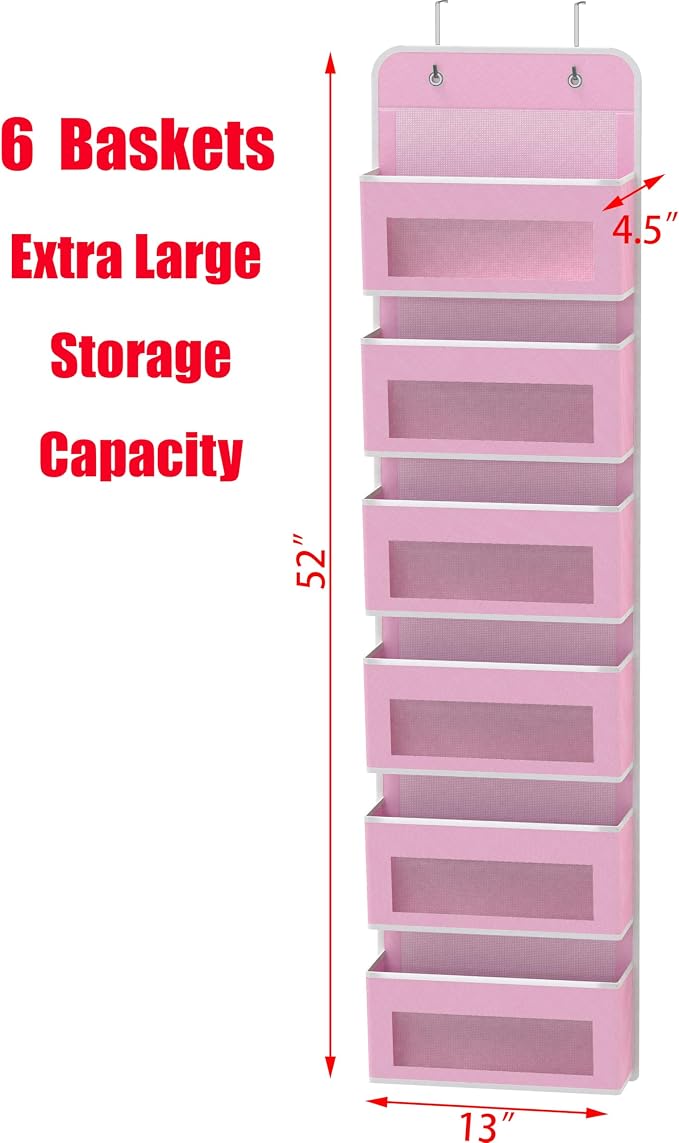 Simple Houseware 6 Clear Window Pocket Over Door Hanging Organizer, Pink | Over the Door Storage for Closet, Bedroom, Bathroom, Pantry