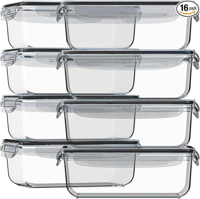 Razab 16 Pc (Set of 8) 30 Oz Glass Meal Prep Containers with Lids, Airtight Large Glass Food Storage Containers, Reusable Leak Proof BPA Free, Freezer to Oven and Dishwasher Safe