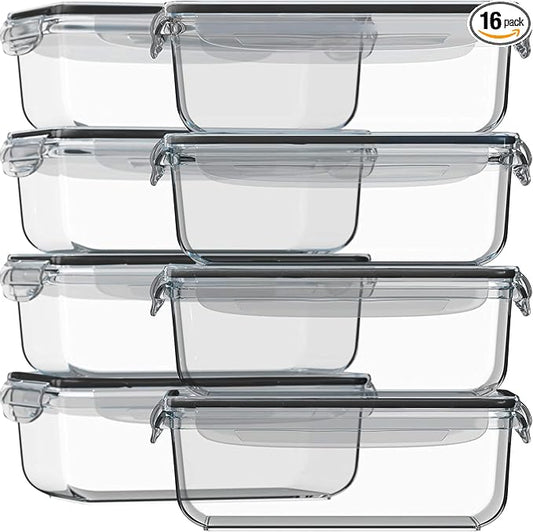 Razab 16 Pc (Set of 8) 30 Oz Glass Meal Prep Containers with Lids, Airtight Large Glass Food Storage Containers, Reusable Leak Proof BPA Free, Freezer to Oven and Dishwasher Safe